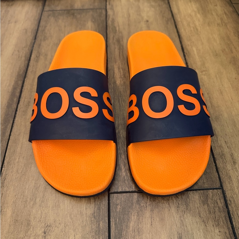 BOSS Hugo Boss men’s slides sandals orange & navy blue large logo detail size 12